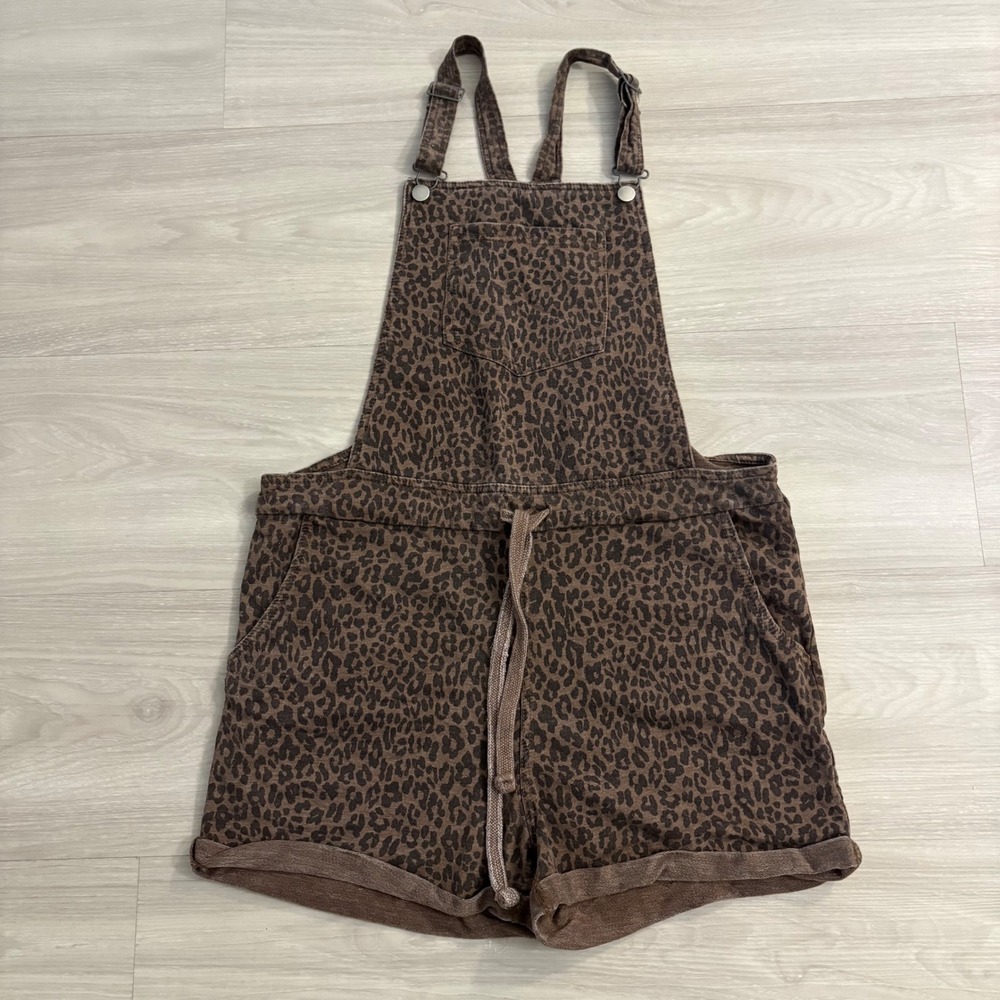 WallFlower Womens Shortalls Leopard Print Brown Animal Bib Overalls Size L